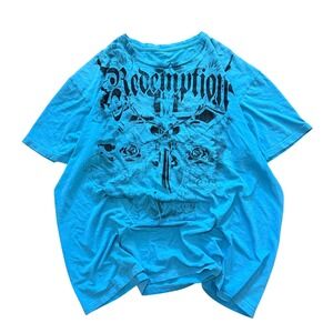 Mens Redemption Graphic Tee Blue Gothic Cross Rose Streetwear Size XL Y2K